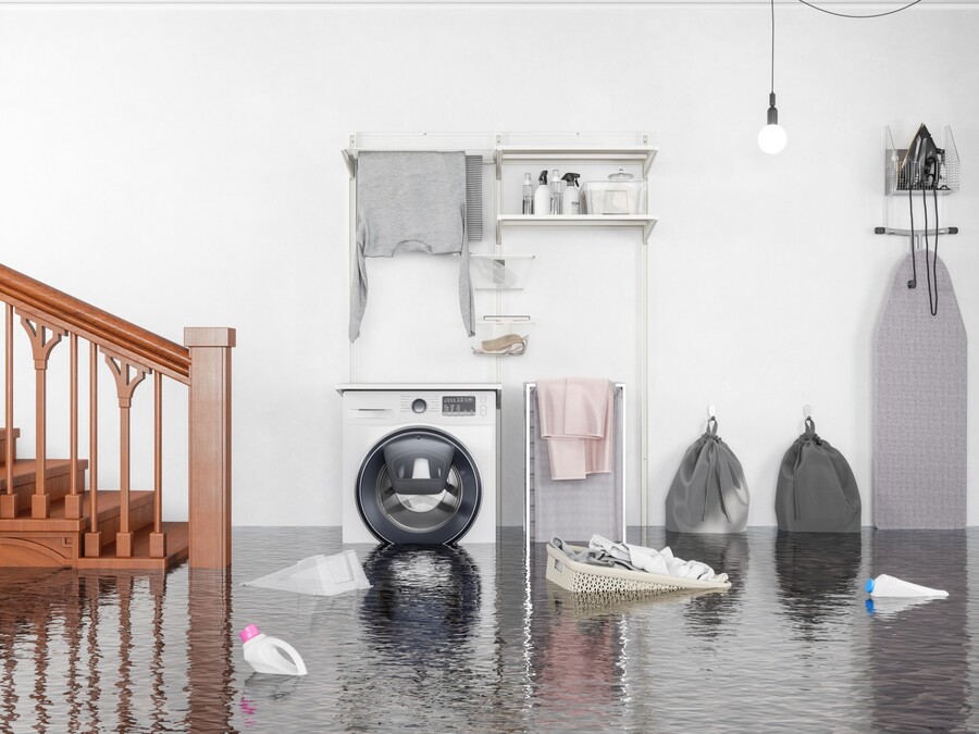 Flooded laundry room with washing machine, staircase, ironing board and household items underwater